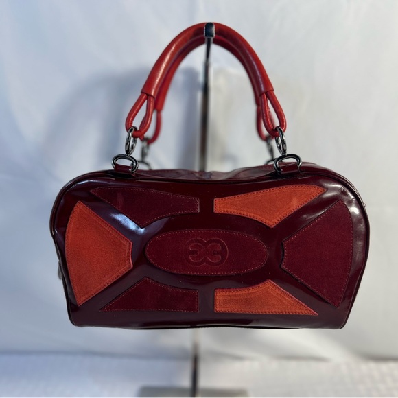 Escada Handbags - 3001: Escada Y2K Burgundy Patent Leather & Suede Mini Bowler Bag Italy